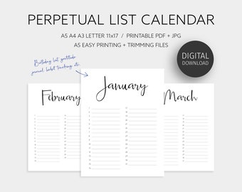 Perpetual Calendar, Printable Planner, Birthday List, Gratitude Journal, Habit Tracking, Monthly Planner, A5 A4 A3 Letter 11x17, PDF JPG
