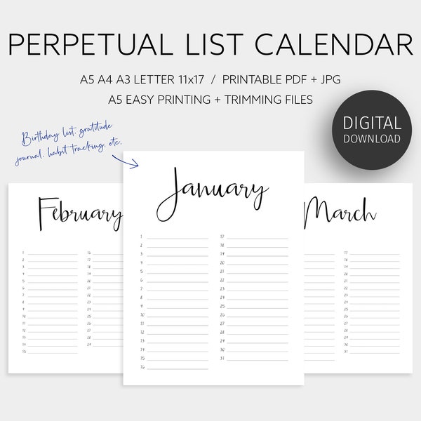 Perpetual Calendar, Printable Planner, Birthday List, Gratitude Journal, Habit Tracking, Monthly Planner, A5 A4 A3 Letter 11x17, PDF JPG