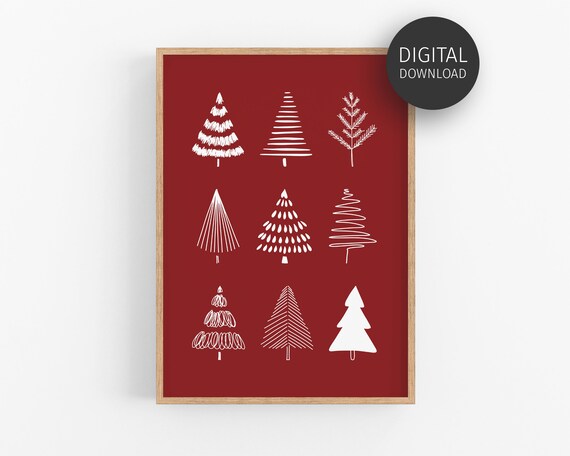 Dark Red Christmas Poster, Christmas Tree Art Print, Festive Holiday Decor, Christmas Printable, Farmhouse Christmas Wall Art, Xmas Prints