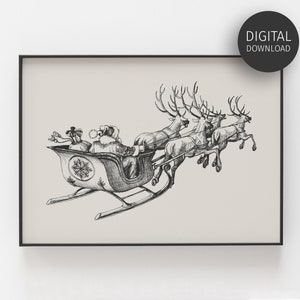 Può includere: Illustrazione in bianco e nero di Babbo Natale su una slitta trainata da renne. La slitta è decorata con un motivo a fiocco di neve. L'immagine è etichettata "DOWNLOAD DIGITALE" in un cerchio nero.