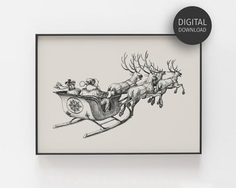 Santa's Sleigh Art Print, Vintage Christmas Print, Farmhouse Christmas Printable, Festive Holiday Decor, Christmas Wall Art, Holidays Poster
