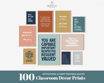 Boho Classroom Prints Bundle, 100 Colourful Motivational and Funny Posters for Teens, Printable Wall Art for Pastel Boho Middle School Decor