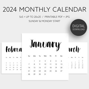 2024 Printable Calendar, at A Glance Monthly Calendar, 5x5 and 20x20 ...