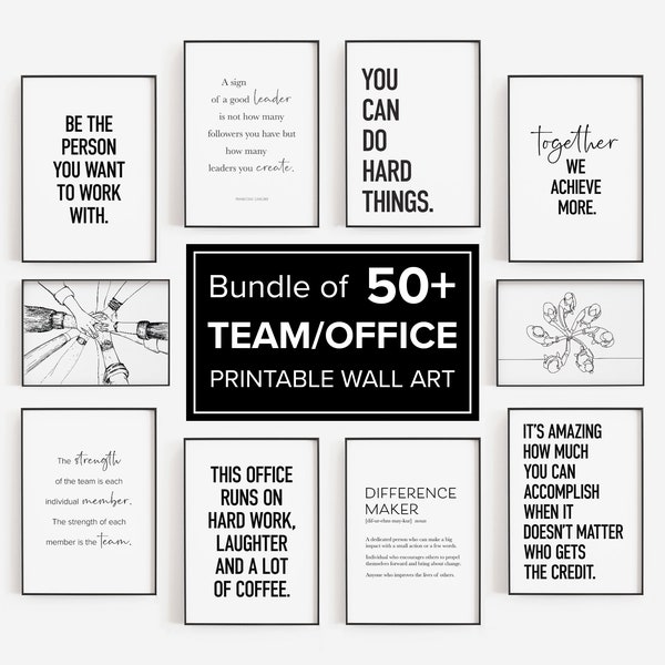 Décoration de bureau motivante pour une équipe, méga lot de 50 impressions, affiches modernes sur le lieu de travail, décoration d'espace de travail, art mural imprimable, citations sur le travail d'équipe