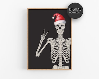 Christmas Skeleton Poster, Skeleton with Santa Hat Print, Goth Christmas Decor, Printable Wall Art, Funny Holiday Decor, Skeleton Peace Sign