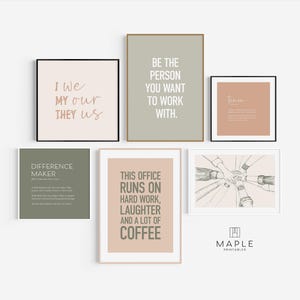 Décoration de bureau d'équipe, lot de 6 IMPRESSIONS, citation sur le travail d'équipe, oeuvre d'art murale motivante, affiche de motivation au travail, décoration de bureau pour femme, oeuvre d'art dans les tons terre