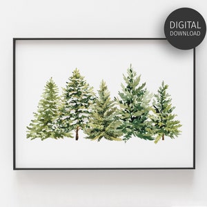Pine Tree Forest Watercolor Print, Farmhouse Christmas Wall Art, Christmas Tree Print, Botanical Holiday Decor, Printable Winter Poster