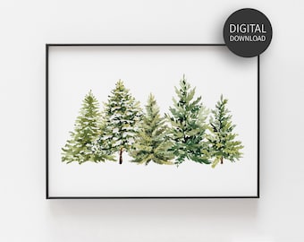 Pine Tree Forest Watercolor Print, Farmhouse Christmas Wall Art, Christmas Tree Print, Botanical Holiday Decor, Printable Winter Poster