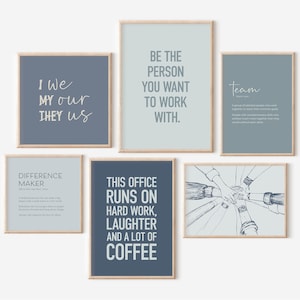 Team Office Decor, Set of 6 PRINTABLES, Motivational Wall Art, Inspirational Prints, Blue Workplace Posters, Teamwork Quotes, Desk Art Women