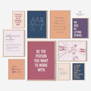 May include: A collection of framed art prints with inspirational quotes and team-building messages. The prints feature various color schemes, including blue, peach, and purple, with text such as "Teamwork," "Leadership," and "Difference Maker."