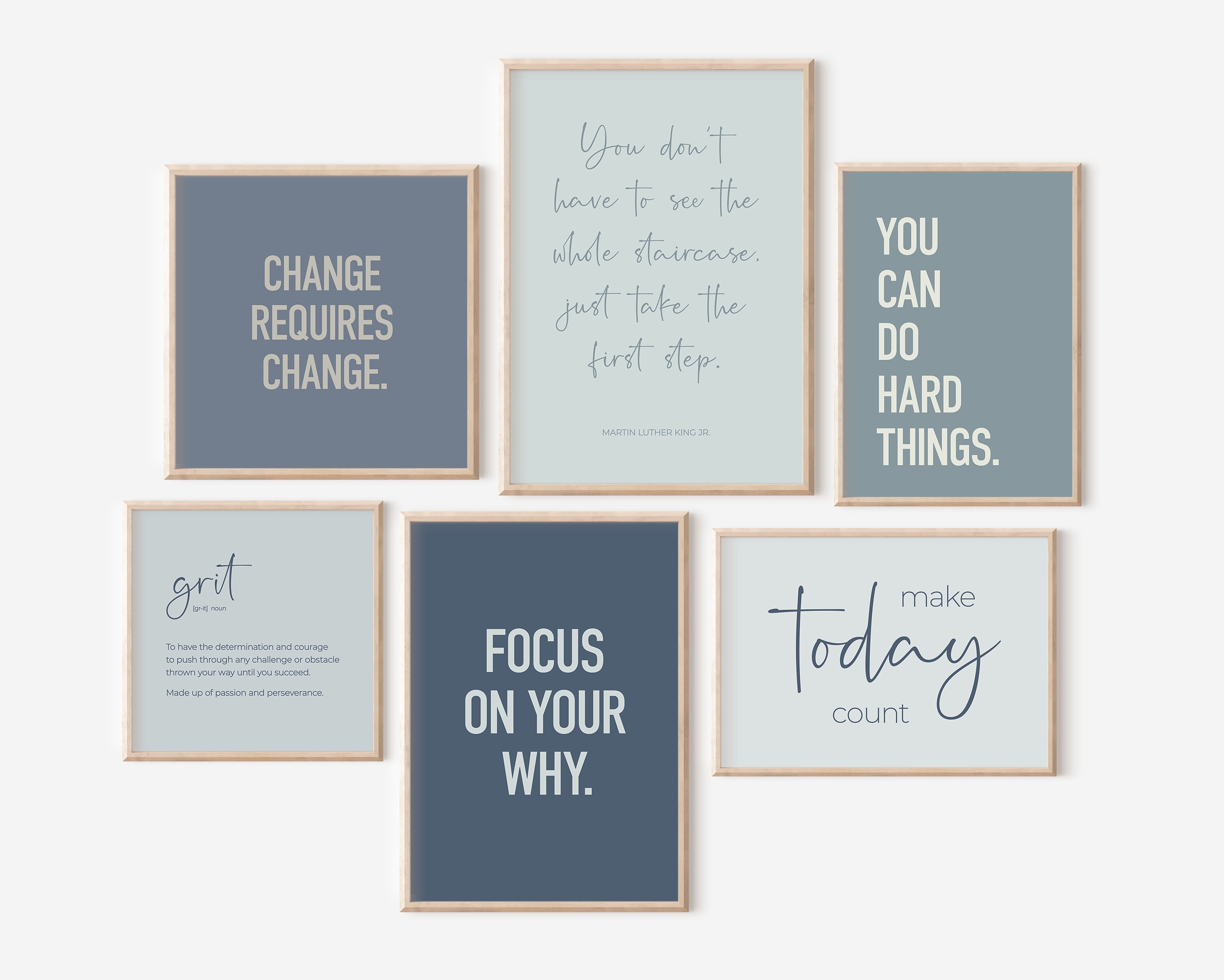 Motivational Quotes Set of 6 Blue Office Prints, Printable Home Office Decor, Inspirational Posters for Women, Blue Wall Art for Motivation