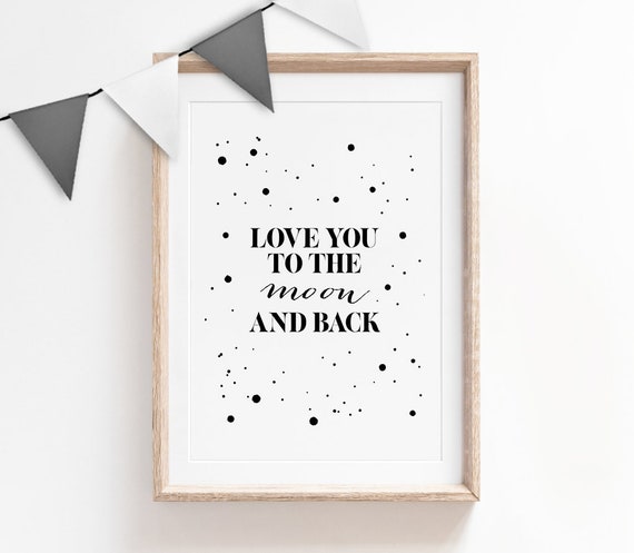 To The Moon And Back White on Grey Typography Nursery Print Baby Bedroom Art