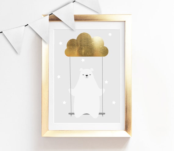 Grey Baby Nursery Art Gold Silver Rose Gold Foil Print Bear Poster Kids Prints Baby Gift Baby Room Small And Large Wall Art