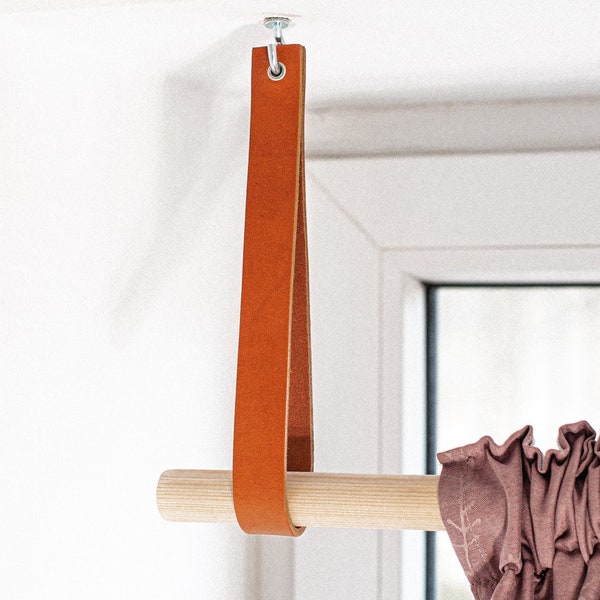 Leather ceiling straps, hanging dowel holder, clothing rack, leather rod holders, scandinavian decor, window treatment, curtain rod holder
