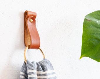 Leather strap hanger with solid brass ring, leather strap hanger, tea towel holder, leather hanger, leather towel holder, leather loop, boho