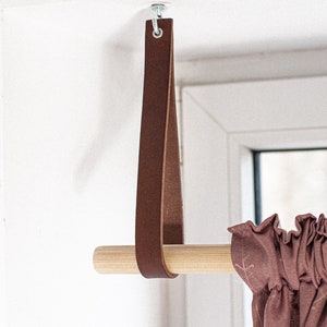 hanging dowel holder, clothing rack, leather ceiling straps, leather rod holders, scandinavian decor, window treatment, curtain rod holder