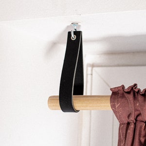 Leather rod holders, curtain rod holder, leather ceiling straps, hanging dowel holder, clothing rack, scandinavian decor, window treatment