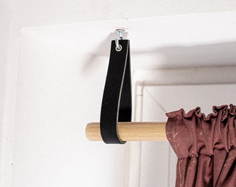Portacanne in pelle, portacanne per tende, cinghie in pelle per soffitto, porta tasselli sospesi, appendiabiti, arredamento scandinavo, trattamento per finestre