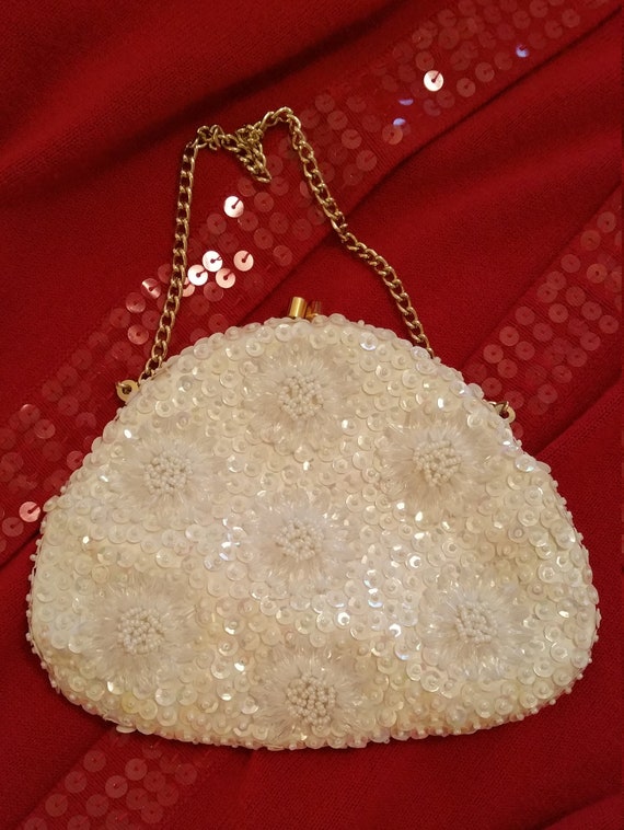 Vintage 60s Ivory Bead & Sequin Formal Evening Ba… - image 2