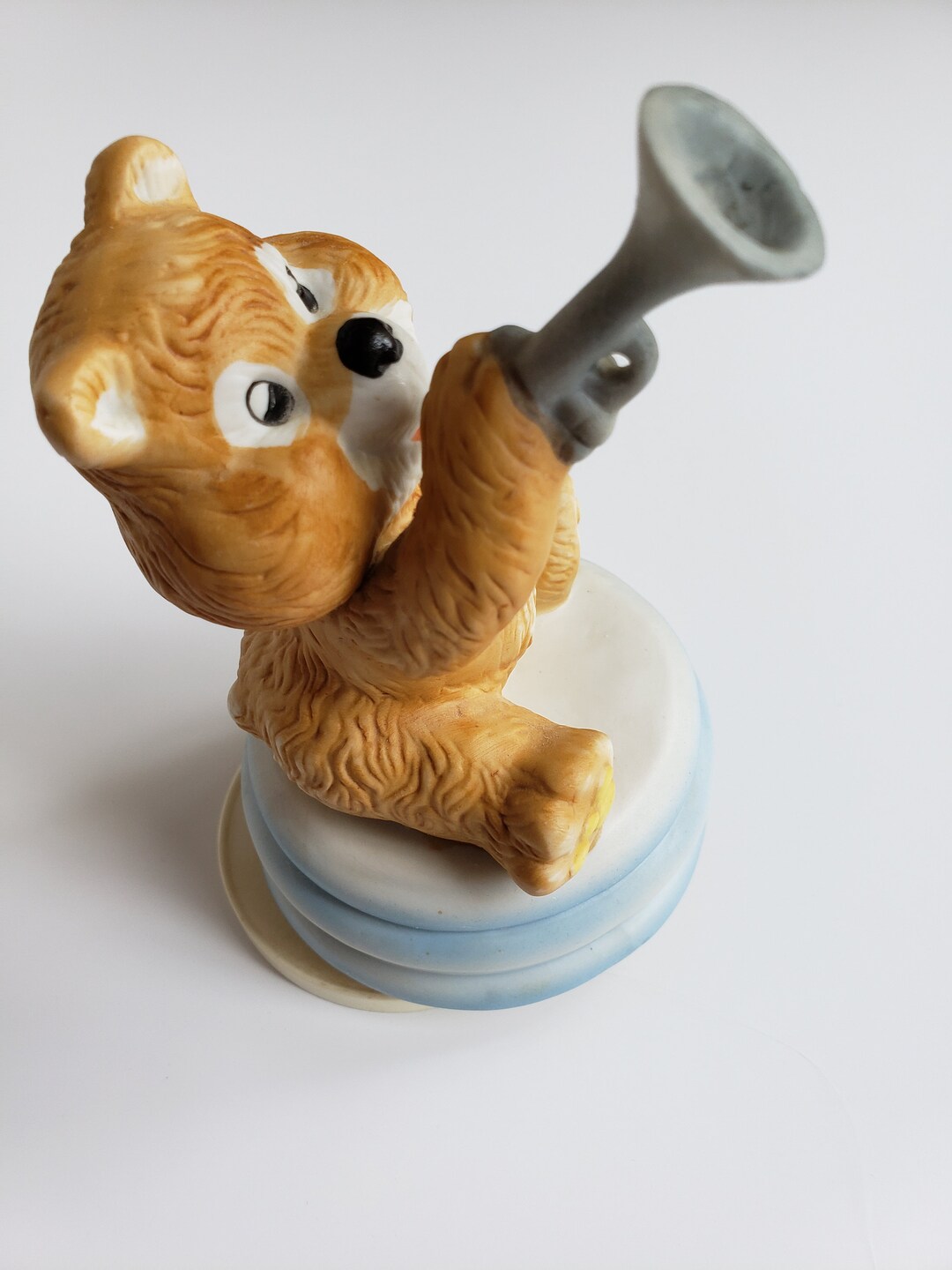 Vintage Rotating Music Box Teddy Bear With Trumpet Plays children's