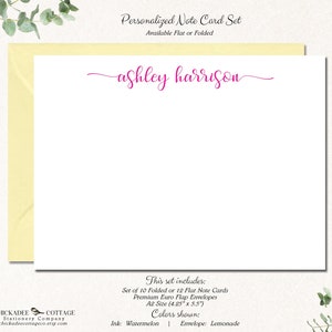 Personalized Note Cards Set, Flat Custom Notecards With Envelopes, Feminine  Script Stationery Gift for Women 