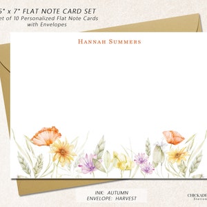 Personalized Stationery Note Cards Set with Envelopes, Set of 10 Flat 5&quot; x 7&quot; (A7 Size) Custom Boxed Notecards, WILDFLOWERS BOTTOM