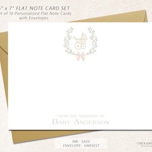 Personalized Baby Shower Thank You Cards with Envelopes, set of 10 Flat 5&quot; x 7&quot; Thank You Notes, Stationery CHARMING STROLLER neutral print