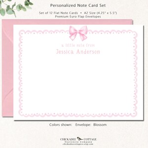 Personalized Bow Stationery Set for Girl, Set of 12 Flat Note Cards with Envelopes, SCALLOPED SWEETNESS