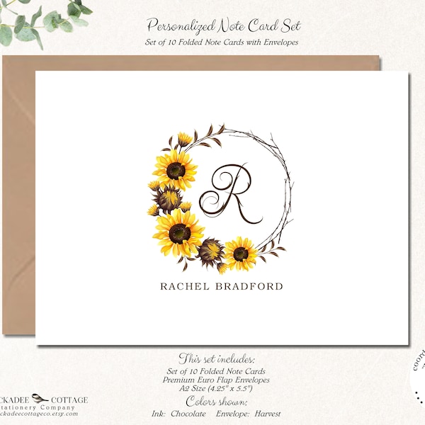 Sunflower Monogram Personalized Stationery, Sunflower Note Cards, Sunflower Stationary Set, Blank Stationary Cards SUNFLOWER WREATH MONOGRAM