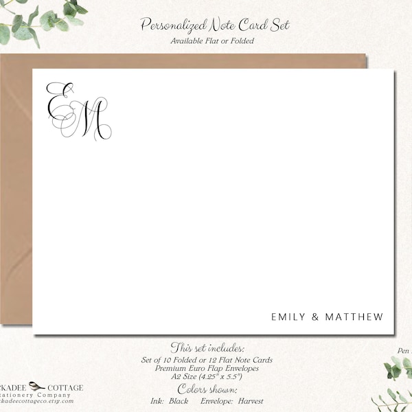 Couples Stationery with Monogram, 12 Flat or 10 Folded Initial Note Cards and Envelopes, Personalized Monogrammed ENCHANTED MONOGRAM COUPLES