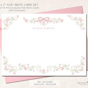 Personalized Note Cards with Floral Border, Set of 10 Flat 5&quot; x 7&quot; Boxed Stationery Card Set with Envelopes for Women, PINK FLORAL BORDER