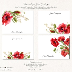 Personalized Poppy Note Cards Set with Envelopes, Set of 12 Assorted Cards, Flower Stationery, Floral Notecards, BEAUTIFUL POPPIES