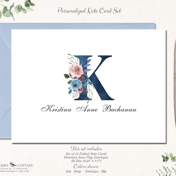 Monogram Gifts | Note Cards with Envelopes | Personalized Monogrammed Stationary | Custom Stationary | Stationery Set | BLUE FLORAL