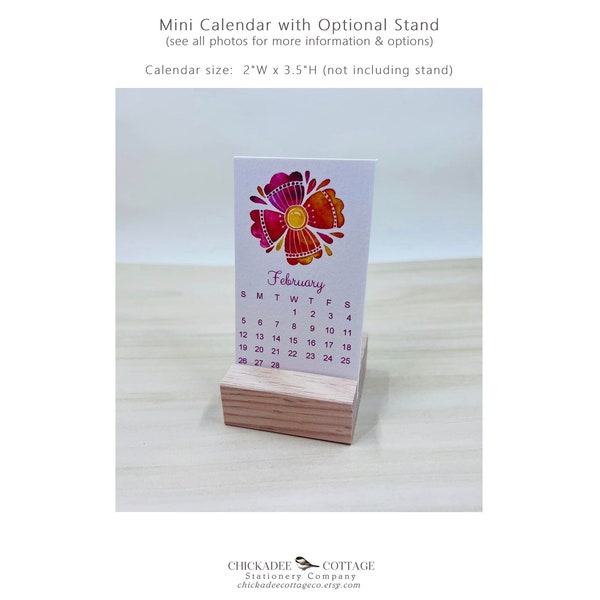 2024 Mini Calendar with Optional Wood or Metal Stand, 2"W x 3.5"L (Business Card Size) Small Floral Desk Calendar, BRIGHT FLOWERS