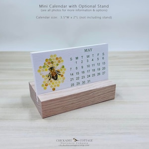 2024 Mini Honeybee Calendar with Optional Wood or Metal Stand, 3.5"W x 2"L (Business Card Size) Small Bees Desk Calendar, HONEYBEES