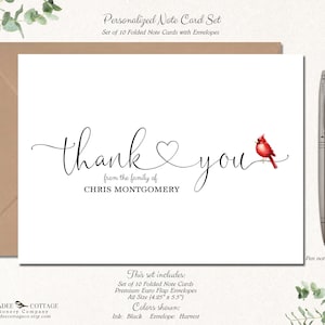 Funeral Thank You Cards | Set of 10 Thank You Notes | Funeral Acknowledgement Sympathy Cards | Celebration of Life THANK YOU HEART Cardinal