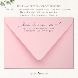 May include: A pink envelope with a return address printed in black ink. The address reads "hannah summers, 2345 MODERN SWASH LANE, PHOENIXVILLE, PA 19460".
