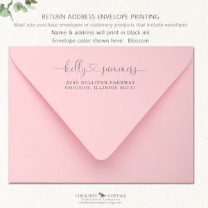 May include: A pink envelope with a return address label that reads "kelly summers" and "2345 Sullivan Parkway, Chicago, Illinois 60131". The text is in black ink. The envelope is for return address envelope printing.