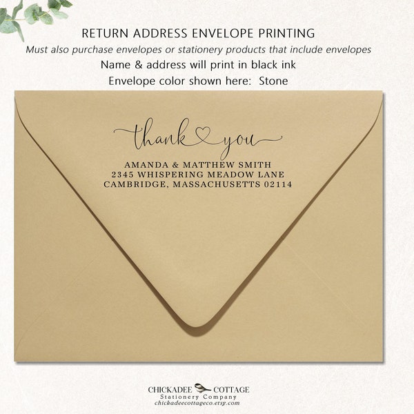 Return Address Printing Add-On Service, Personalized Custom Envelopes, Envelopes are not included with this purchase, THANK YOU HEART