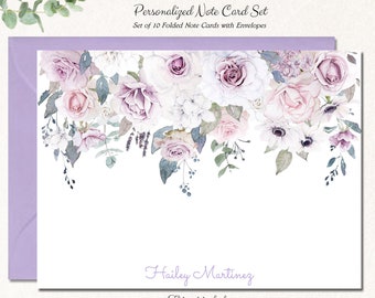 Personalized Floral Note Cards, Set of 10 Notecards with Envelopes, Flower Stationary, Custom Stationery for Women, BLUSHING ROSE