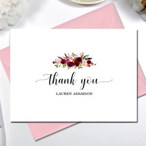 Thank You Cards Floral, Set of 10 Thank You Notes with Envelopes, Cards with Flowers, Thank You Cards Set, Personalized BURGUNDY FLORAL