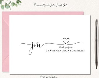 Monogram Thank You Cards, Personalized Thank You Cards, Thank You Notes, Monogram Stationary, Set of 10 Thank You Cards, MONOGRAM HEART