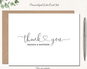 Wedding Thank You Cards / Bridal Shower Thank You Cards / Personalized Wedding Cards / Folded Note Cards / Set of 10 THANK YOU HEART center