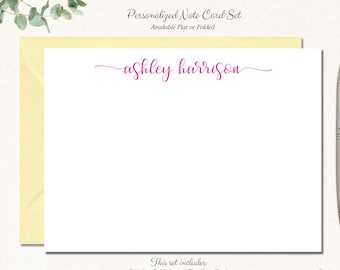 Personalized Note Card Set with Envelopes, Set of 10 Folded or 12 Flat, Script Stationery, Custom Notecards for Women, MODERN CALLIGRAPHY