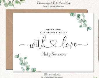 Baby Shower Thank You Cards, Set of 10 Thank You Notes, Personalized Baby Stationery Stationary Baby Boy Baby Girl WITH LOVE BABY greenery