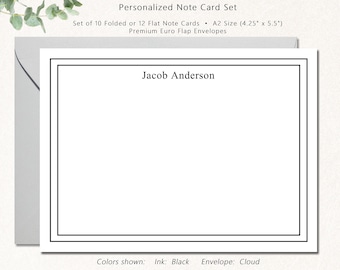 Personalized Mens Stationery, Set of 12 Flat or 10 Folded Note Cards with Envelopes, Business Stationary, Corporate Gifts DOUBLE BORDER NAME