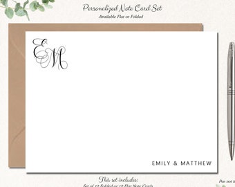 Couples Stationery with Monogram, 12 Flat or 10 Folded Initial Note Cards and Envelopes, Personalized Monogrammed ENCHANTED MONOGRAM COUPLES