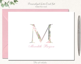 Monogrammed Note Cards, Set of 10 Cards with Envelopes, Monogram Notecards for Women, Initial Stationery, Gift for Girls, FLOWER MONOGRAM