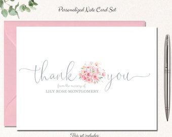 Baby Shower Thank You Cards, Set of 10 Personalized Baby Girl Thank You Notes with Envelopes, Gift for Newborn Baby Girl, BABY PINK FLORAL