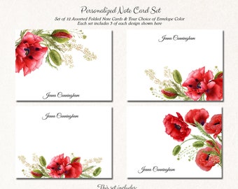 Personalized Poppy Note Cards Set with Envelopes, Set of 12 Assorted Cards, Flower Stationery, Floral Notecards, BEAUTIFUL POPPIES
